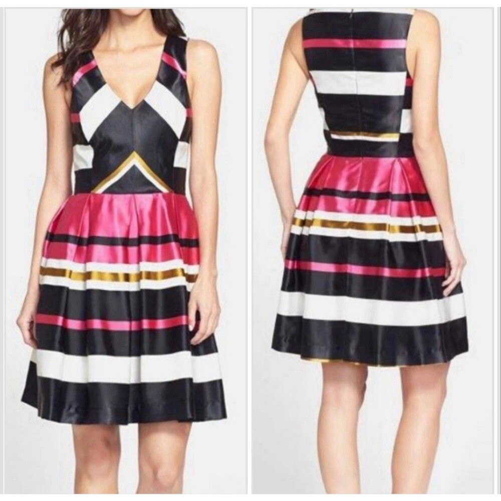 New W/ Tags Trina Turk Satin Fit Flare V-Neck Cocktail Dress Black Pink 4
